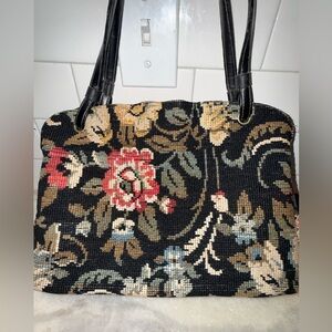 Vintage Black Floral Needlepoint Tote Bag - Classic Women's Handbag